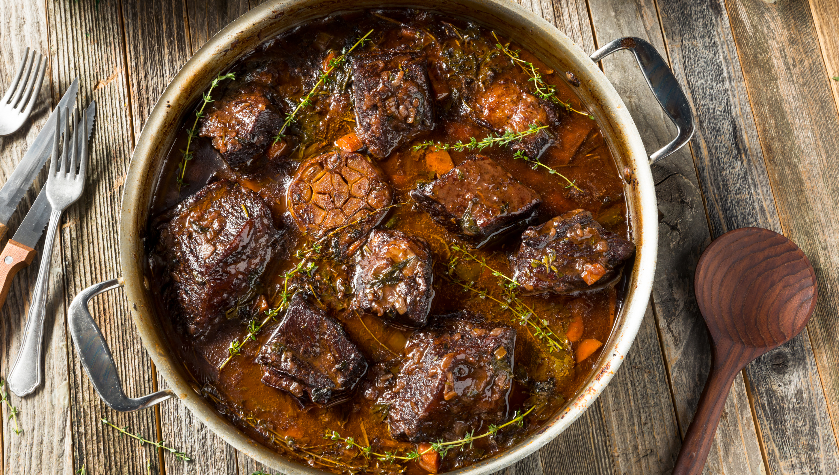 pot of red wine braised short ribs