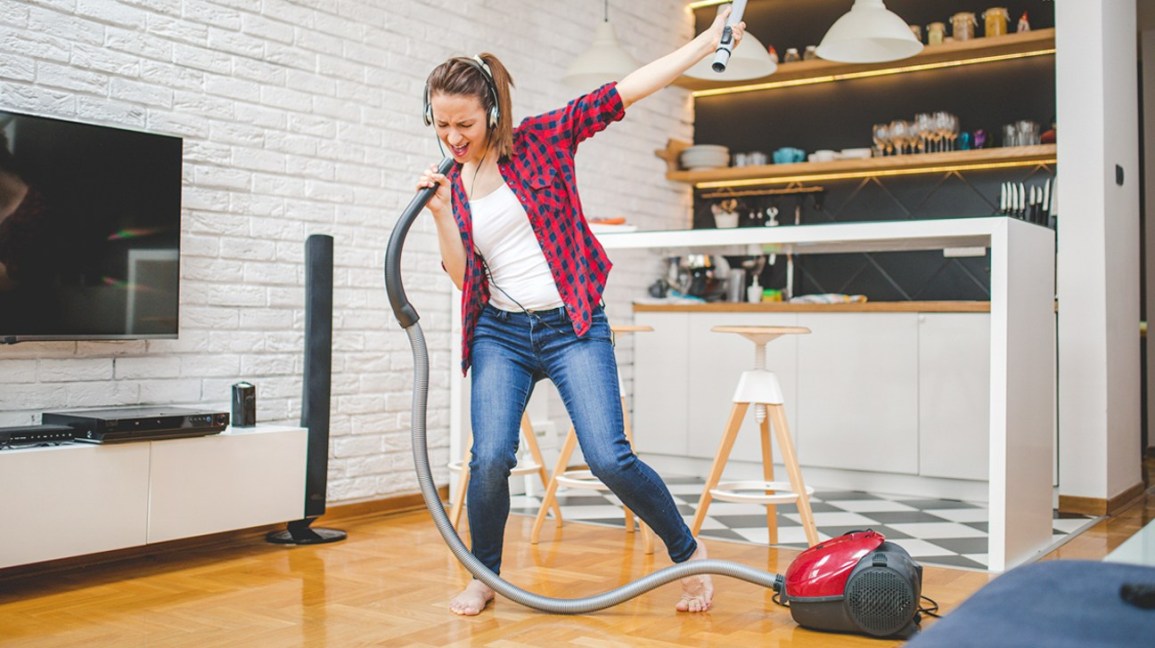 listening to music while cleaning the house