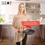 Woman using frying pan skillet with detachable handle