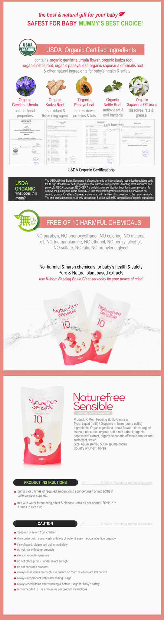 K-Mom Natural Pureness Feeding Bottle Cleanser Refill Pack (3 Packs) 500ml + Free 10pcs Wet Tissue 3 Packs (BUBBLES TYPE)