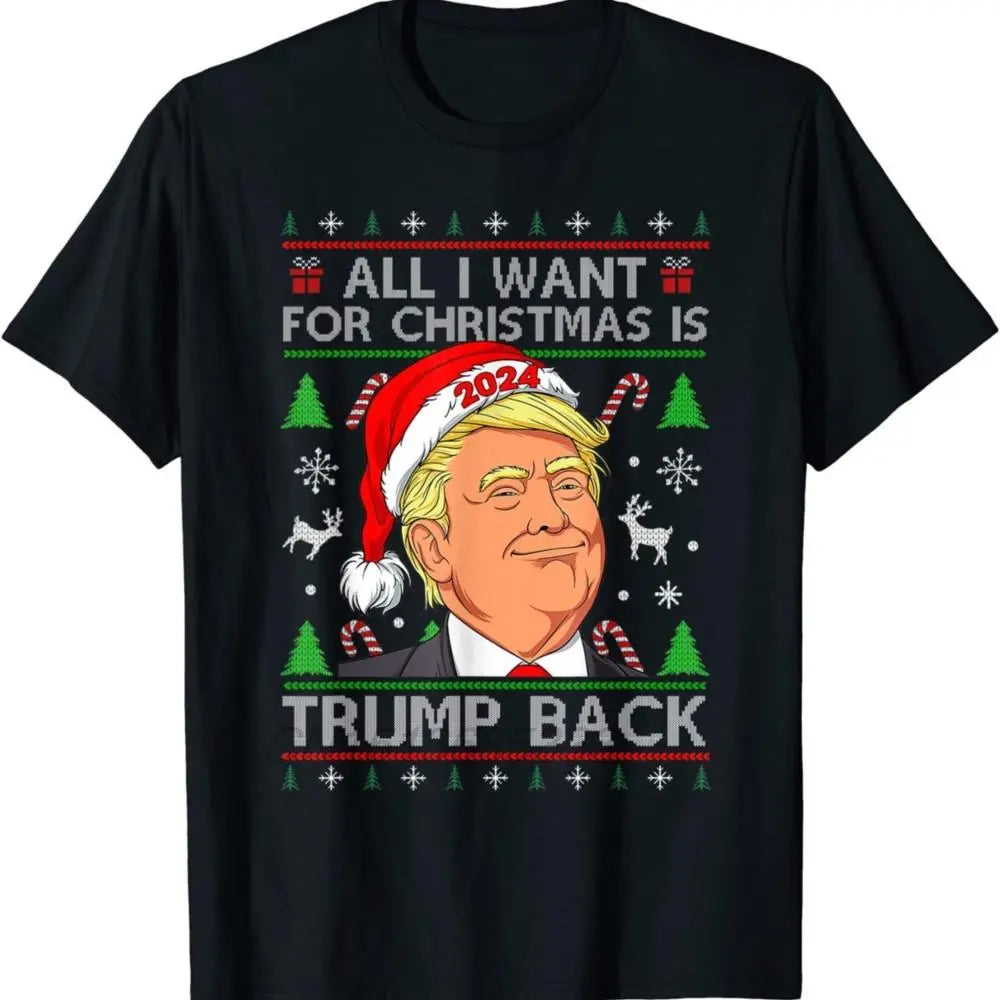 All I Want for Christmas is Trump Back 2024 Ugly T-shirts Men Skeleton Holding A Cat Funny T-Shirts Halloween Skull Man Clothing