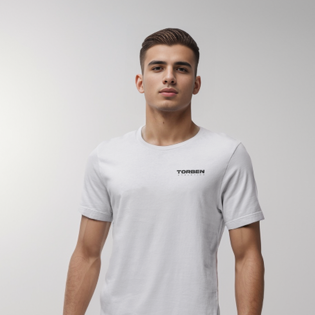 Young man wearing a white T-shirt with 'TORBEN' print on chest.