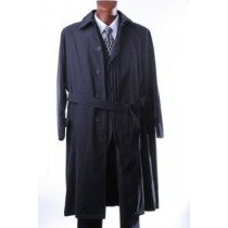 MENS BLACK TRENCH COAT FULL LENGTH 4 BUTTONS RAINCOAT WITH BELT