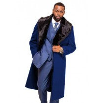 NAVY BLUE OVERCOAT FUR COLLAR IN CASHMERE AND WOOL