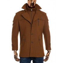 MENS CAMEL BROWN ZIP UP CLOSURE LONG WOOL COAT