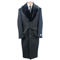 BLU MARTINI GREY DRESS COAT BELTED FULL LENGTH WOOL MENS FUR COLLAR OVERCOAT