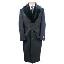 DRESS COAT BELTED FULL LENGTH WOOL MENS FUR COLLAR OVERCOAT