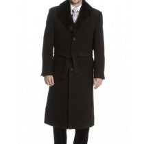 BLACK FAUX FUR COAT COLLAR 3 BUTTONS BELTED STYLE OVERCOAT