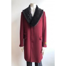 Mens Wool Three Quarter Ticket Pocket Peacoat ~ Carcoat ~ Overcoat With Fur Collar Burgundy
