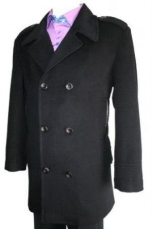 Double Breasted Long Length Pea coat Wool Blend Six Button Black Mens Peacoat
