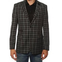 MENS TWO BUTTON PLAID SLIM FIT BLACK BLAZER DINNER JACKET