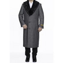 MENS REMOVABLE FUR COLLAR FULL LENGTH WOOL HERRINGBONE GREY OVERCOAT