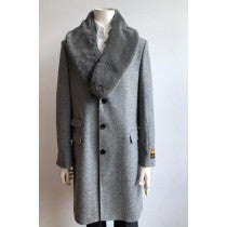 MENS WOOL THREE QUARTER TICKET POCKET PEACOAT ~ CARCOAT ~ OVERCOAT WITH FUR COLLAR LT GRAY