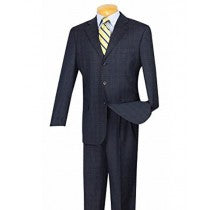 MENS BLUE PLAID WINDOWPANE PATTERN PLEATED PANTS COAT