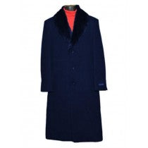 SINGLE BREASTED DARK BLUE FUR COLLAR 3 BUTTON FULL LENGTH OVERCOAT