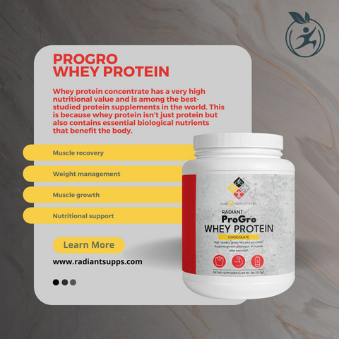 Container of Radiant Chocolate Whey Protein with scoop, showcasing rich chocolate flavor and high-quality protein for muscle growth and recovery