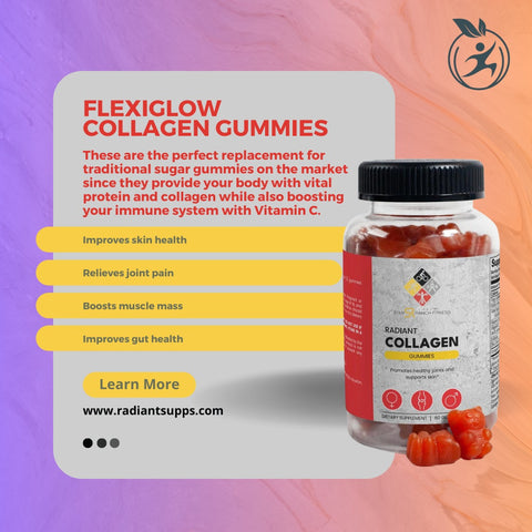 Bright and colorful FlexiGlow Collagen Gummies in a jar, promoting healthy skin, hair, and nails with a tasty, chewable supplement