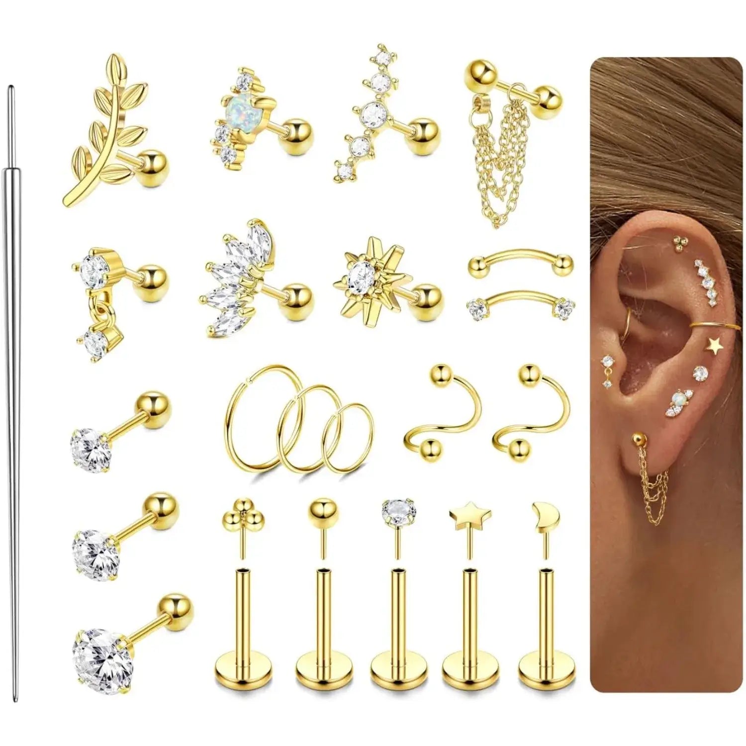 22-Piece 16G Cartilage Earring Set for Women–Surgical Stainless Steel