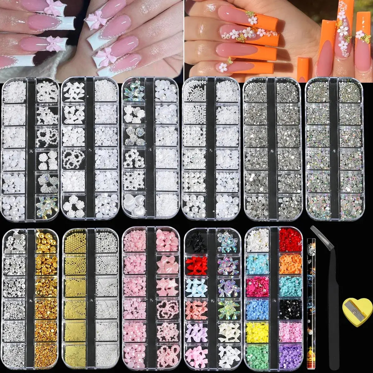 11 Boxes 3D Nail Art Decoration Set with Pearls, Rhinestones & Resin Flowers