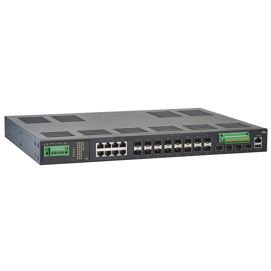 IG5-08164RCR - Hardened Managed Gigabit Ethernet Switch 28-port (8-port 10/100/1000BASE-T(X) + 16-port 100/1000BASE SFP + 4-port 1G/10G SFP+)