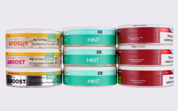 A selections of different nicotine pouch tubs stacked in three columns from weakest strength to strongest