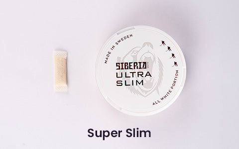 An image of a tub of nicotine pouches with a single nicotine pouch to the left of it labeled super slim size