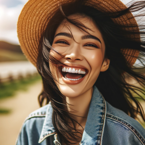 woman laughing on windy day
