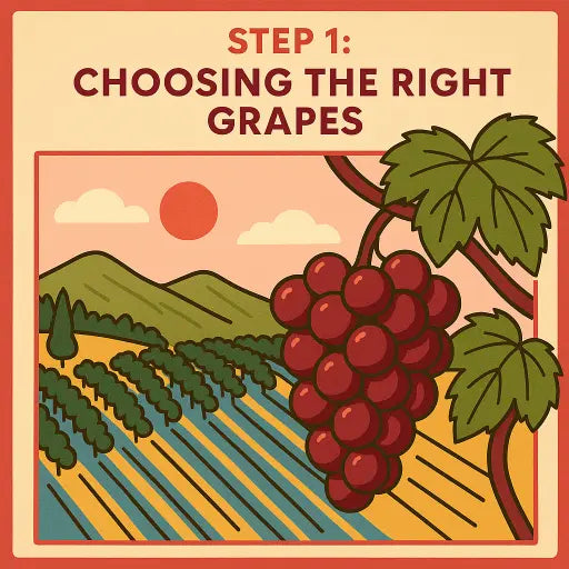 Illustration of a vineyard and a bunch of red grapes, representing the first step in red wine making: choosing the right grapes.