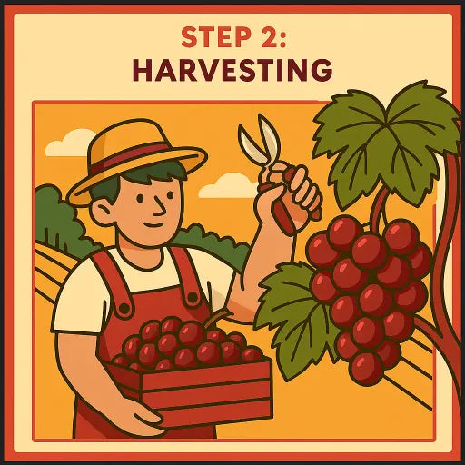 Cartoon of a farmer harvesting ripe grapes from a vine in a vineyard, symbolising the harvesting stage of red wine production.