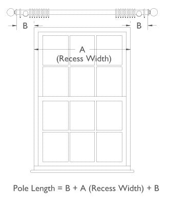 Illustration showing windowframe with wooden curtain pole assembly dimensions