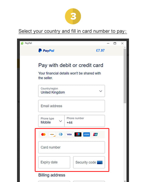 Select your country and fill in card number to pay