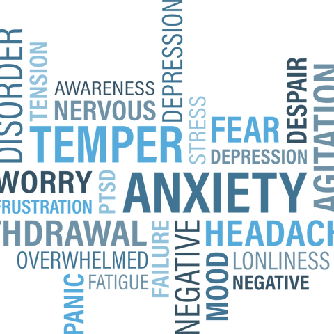 Illustration of words associated with anxiety like Panic Tension Despair Negative Fatigue