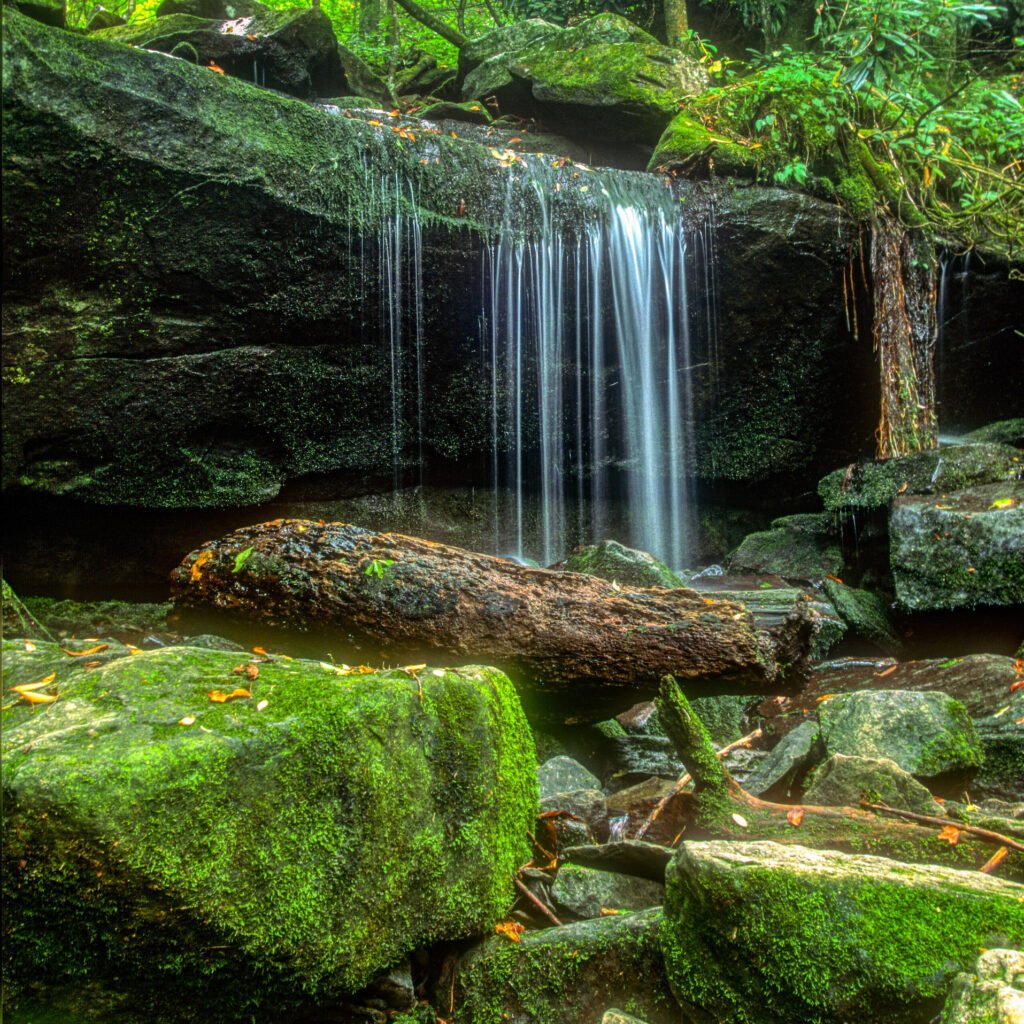 A waterfall in a lush green area within Great Smoky Mountains National Park. National parks typically provide more space between campsites-which can help you get better sleep.