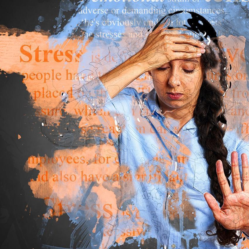 A Poster of a woman with stress text in background. Sleep loss causes stress and anxiety.