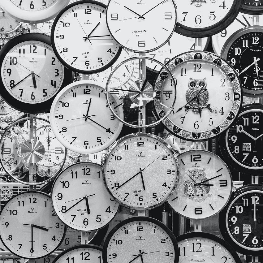 Multiple black & white, overlapping clock faces display different times. The core principle in chronobiology is there's a "best time" to do everything.