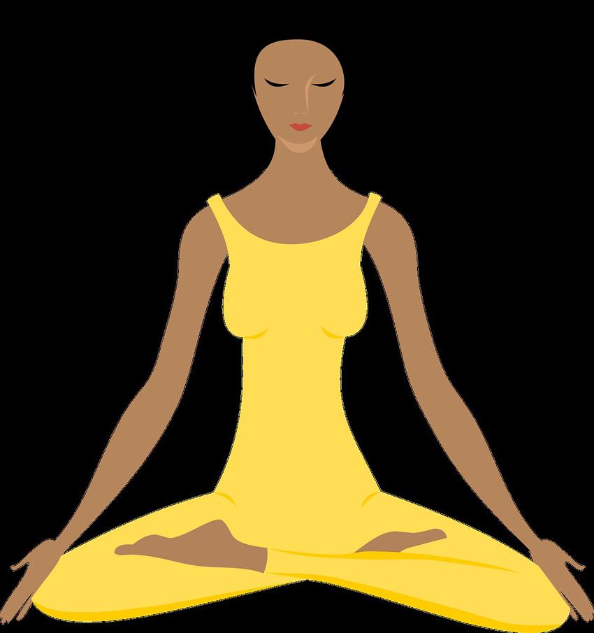 An illustration of a brown-skinned woman in yellow yoga outfit sits cross-legged with arms extended, on black background.