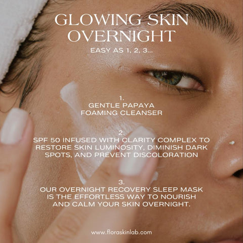 Glowing skin Overnight Easy as 1, 2, 3...1. Gentle Papaya Foaming Cleanser 2. SPF 50 Infused with Clarity Complex to restore skin luminosity, diminish dark spots, and prevent discoloration2. SPF 50 Infused with Clarity Complex to restore skin luminosity, diminish dark spots, and prevent discoloration