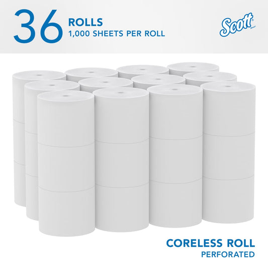 Scott® Essential Coreless Standard Roll Toilet Paper, 4.00" x 3.7", 2 Ply, White, 36 Rolls, 04007