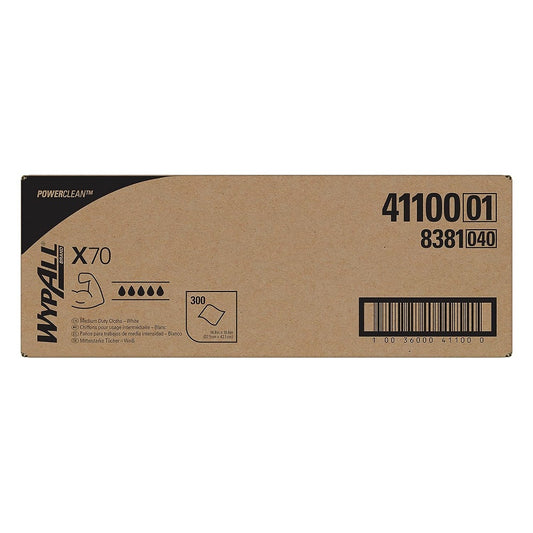WypAll® X70 Work Horse Cloths, Flat Sheet Box, White, 16.6" x 14.9", 300 Wipers/Box, 41100