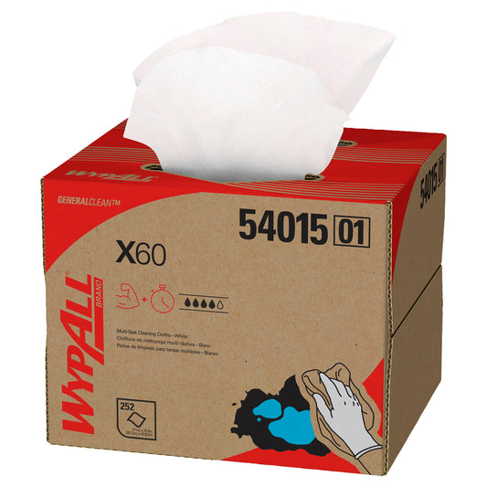 WypAll® X60 Multi-Task Cleaning Cloths, Brag Box, White, 11.1" x 16.8", 252 Cloths/Box, 54015