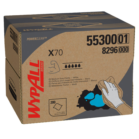 WypAll® X70 Cloth, Brag Box, White, 12.5" x 16.8", 200 Cloths/Box, 55300