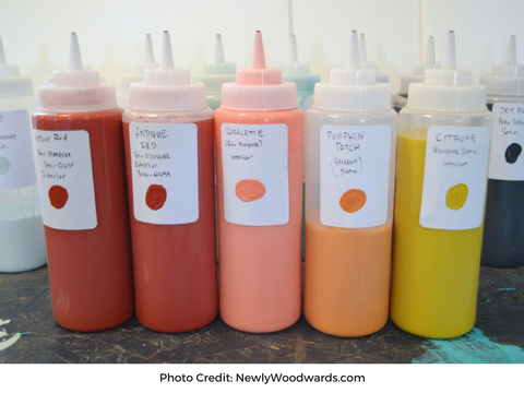 Plastic Squeeze bottles each filled with a different color paint