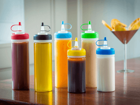 A variety of squeeze bottles.