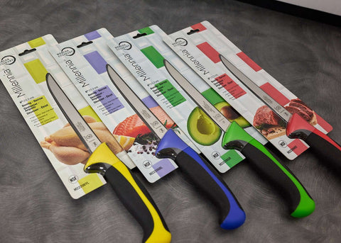 color coded knives in their packaging