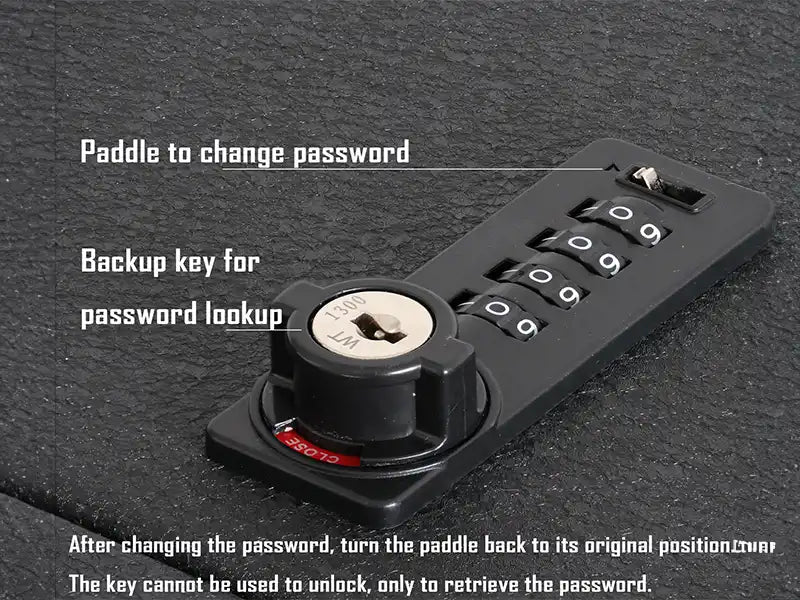 4-Digit Combination Lock with Key Center Console Gun Safe: Combines a 4-digit combination lock with a backup key, adding an extra layer of security. Users can choose between the numeric code or the backup key for access.