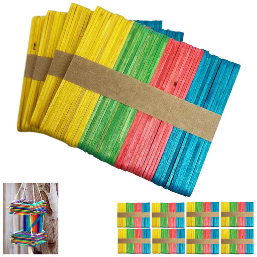  100 Sticks, Multi Color Popsicle Sticks 4.5 Inch Wood