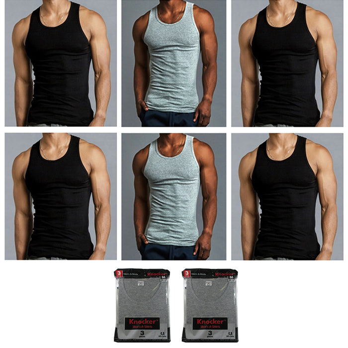 6 Pc Mens Tank Tops A-Shirt 100% Cotton Ribbed Undershirt Black Gray M ...