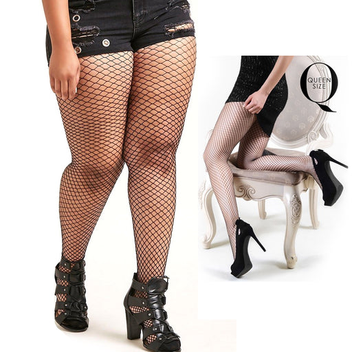 1 Women Plus Fishnet Stockings Pantyhose Floral Lace Inset Sexy Mesh Queen  Size