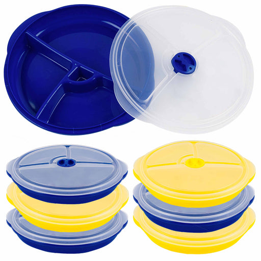 Set of 6 Microwave Plates w/Vented Lids Divided 3 Compartment Food Cover  Storage