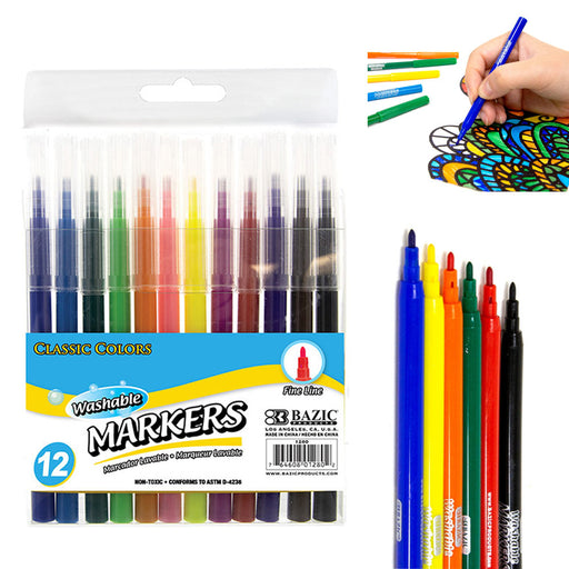 BAZIC Washable Markers Fine Line 30 Color, Thin Tip Coloring
